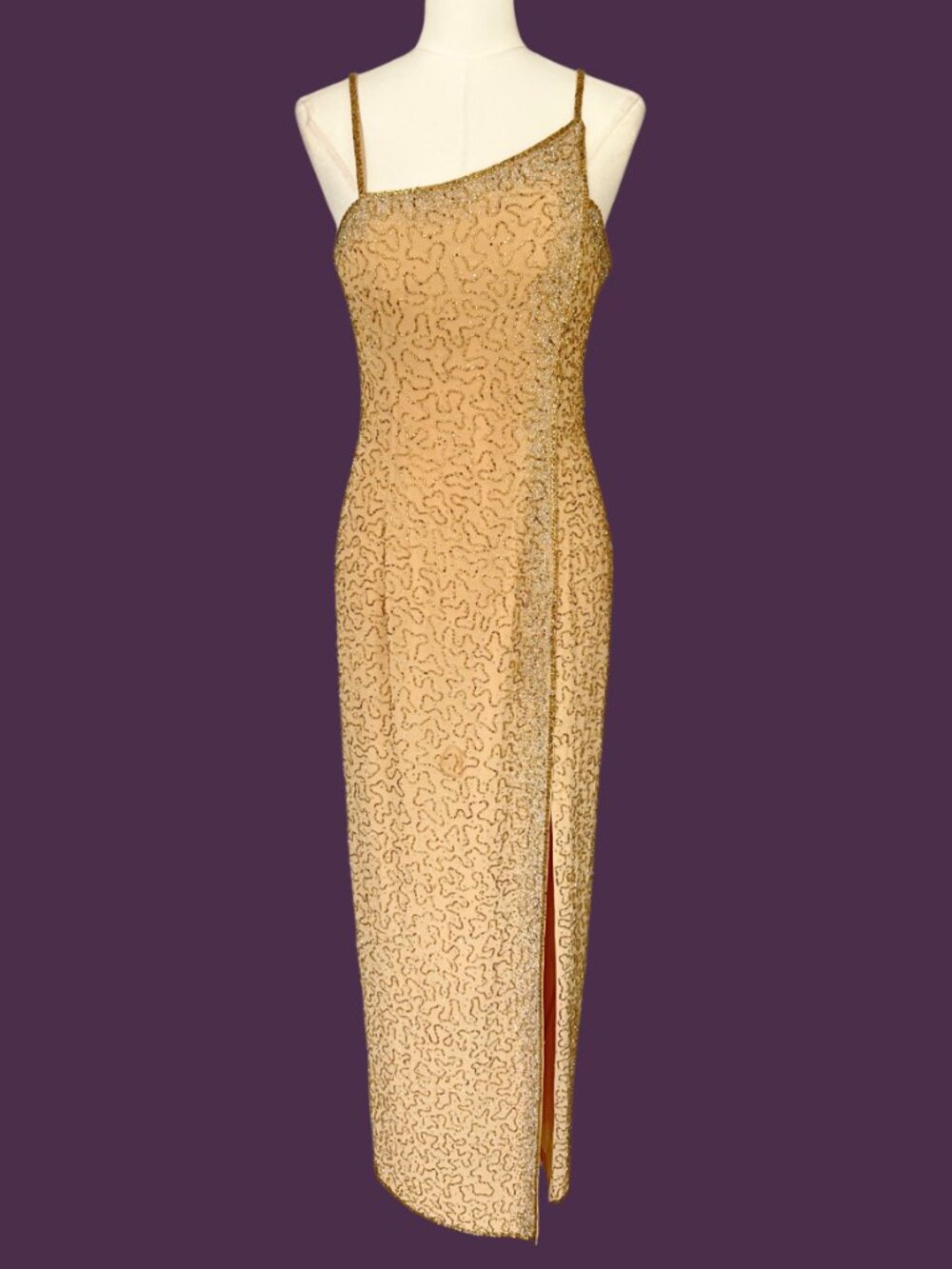 Vintage Y2K Miss New York Gold Beaded Asymmetrical Strap Formal Gown